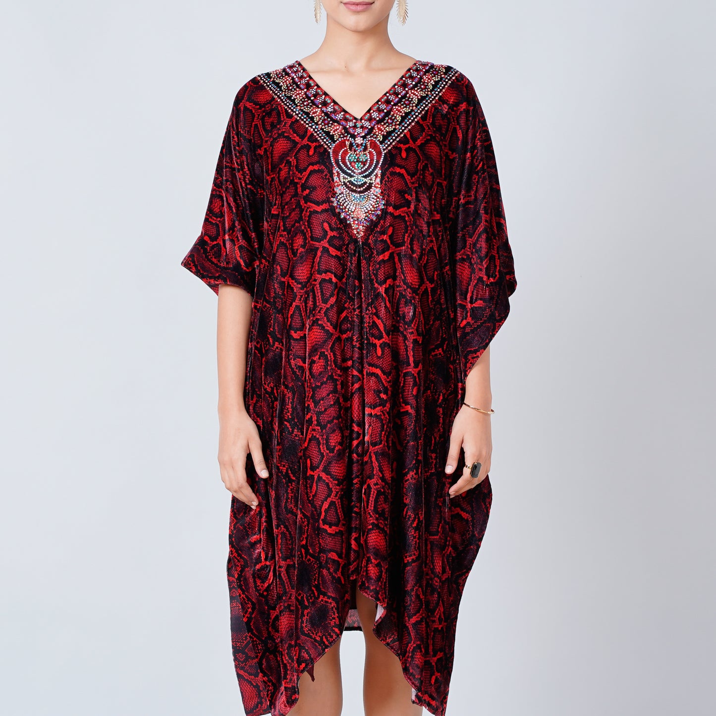 Red Animal Print Silk Velvet Mid Length Kaftan