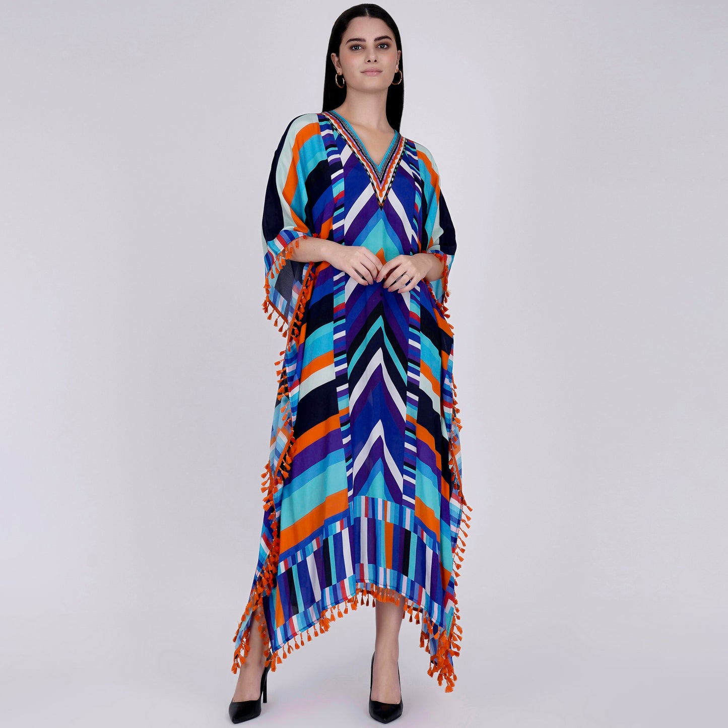Blue and Orange Striped Mid Length Kaftan