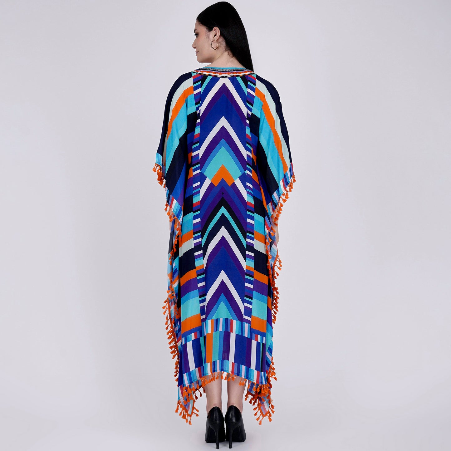 Blue and Orange Striped Mid Length Kaftan