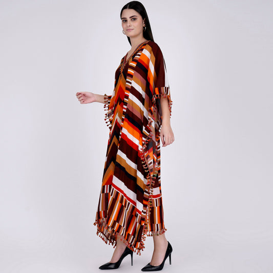 Brown and Orange Striped Mid Length Kaftan