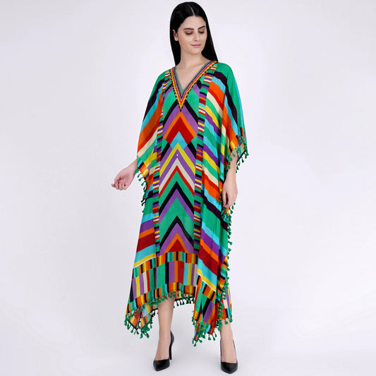 Green and Cyan Striped Mid Length Kaftan