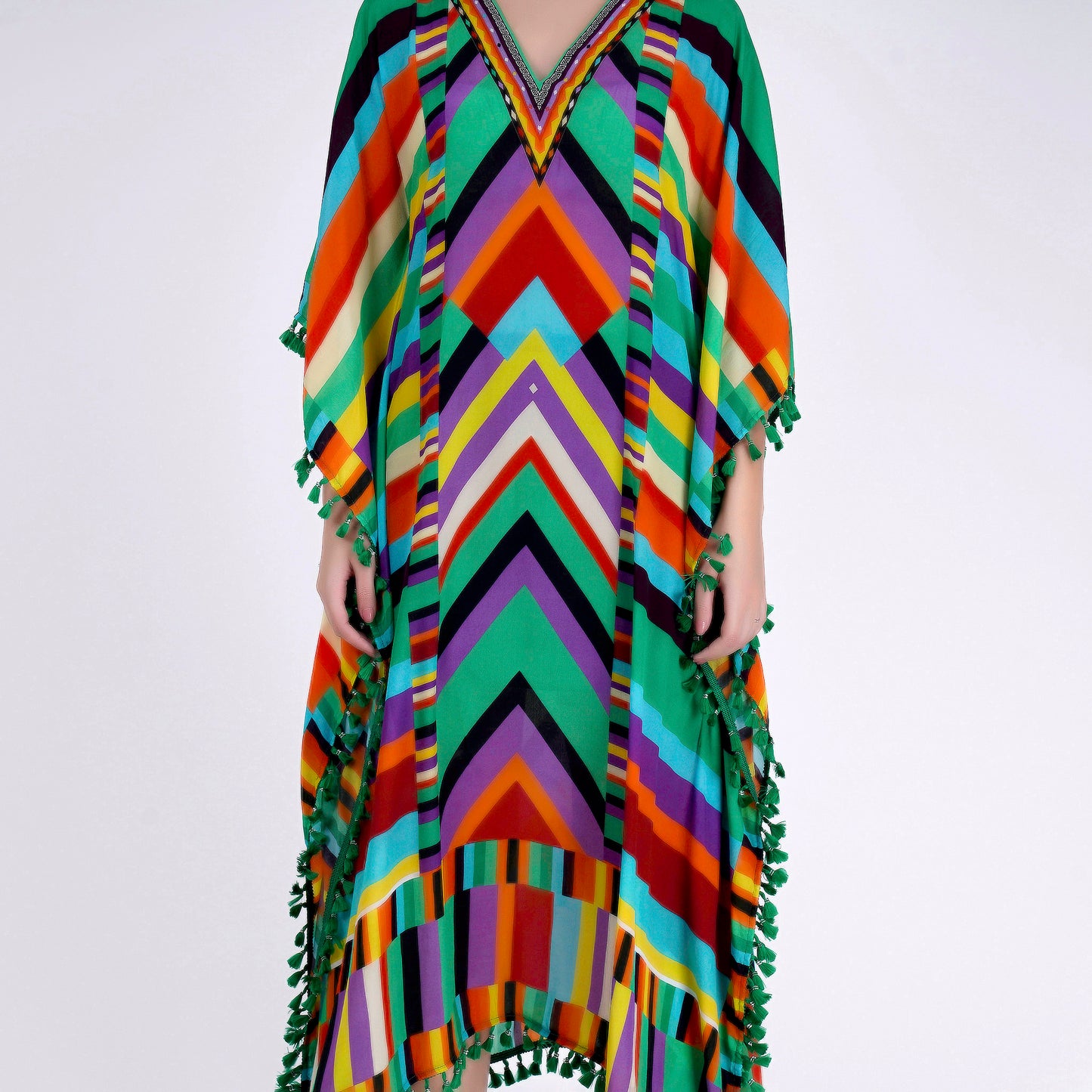 Green and Cyan Striped Mid Length Kaftan