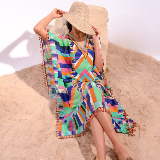 Pink and Blue Striped Mid Length Kaftan