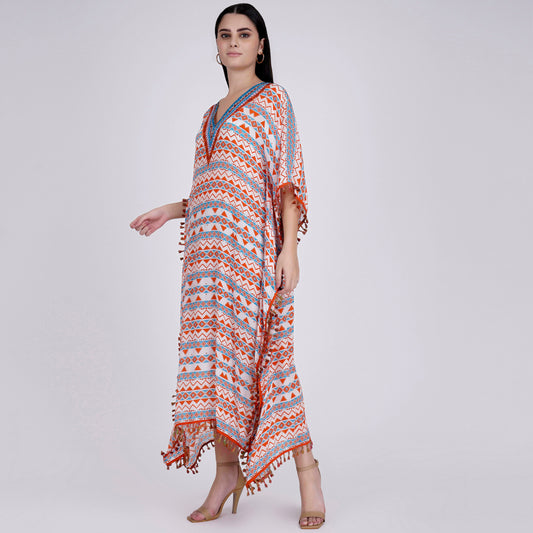 Orange and Blue Aztec Mid Length Kaftan