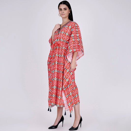 Bright Red Moroccan Print Mid Length Kaftan