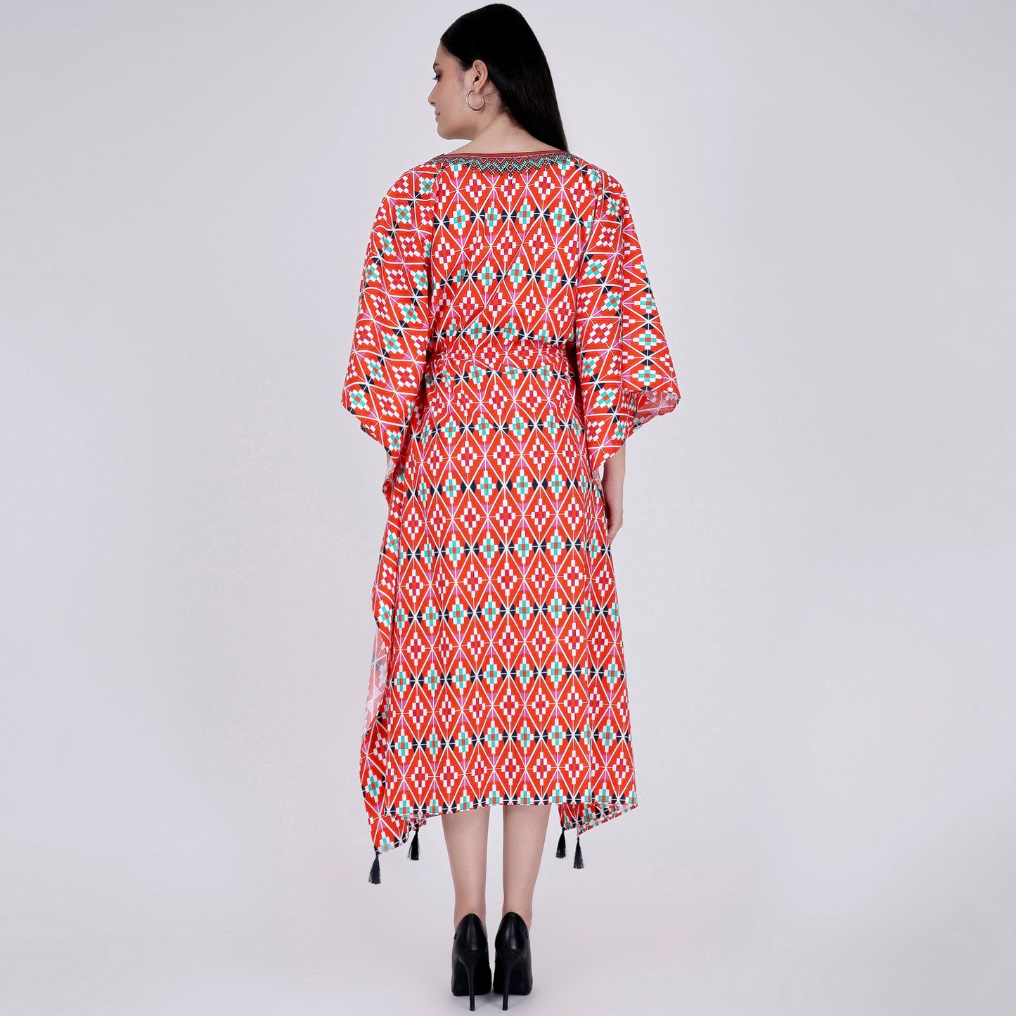 Bright Red Moroccan Print Mid Length Kaftan