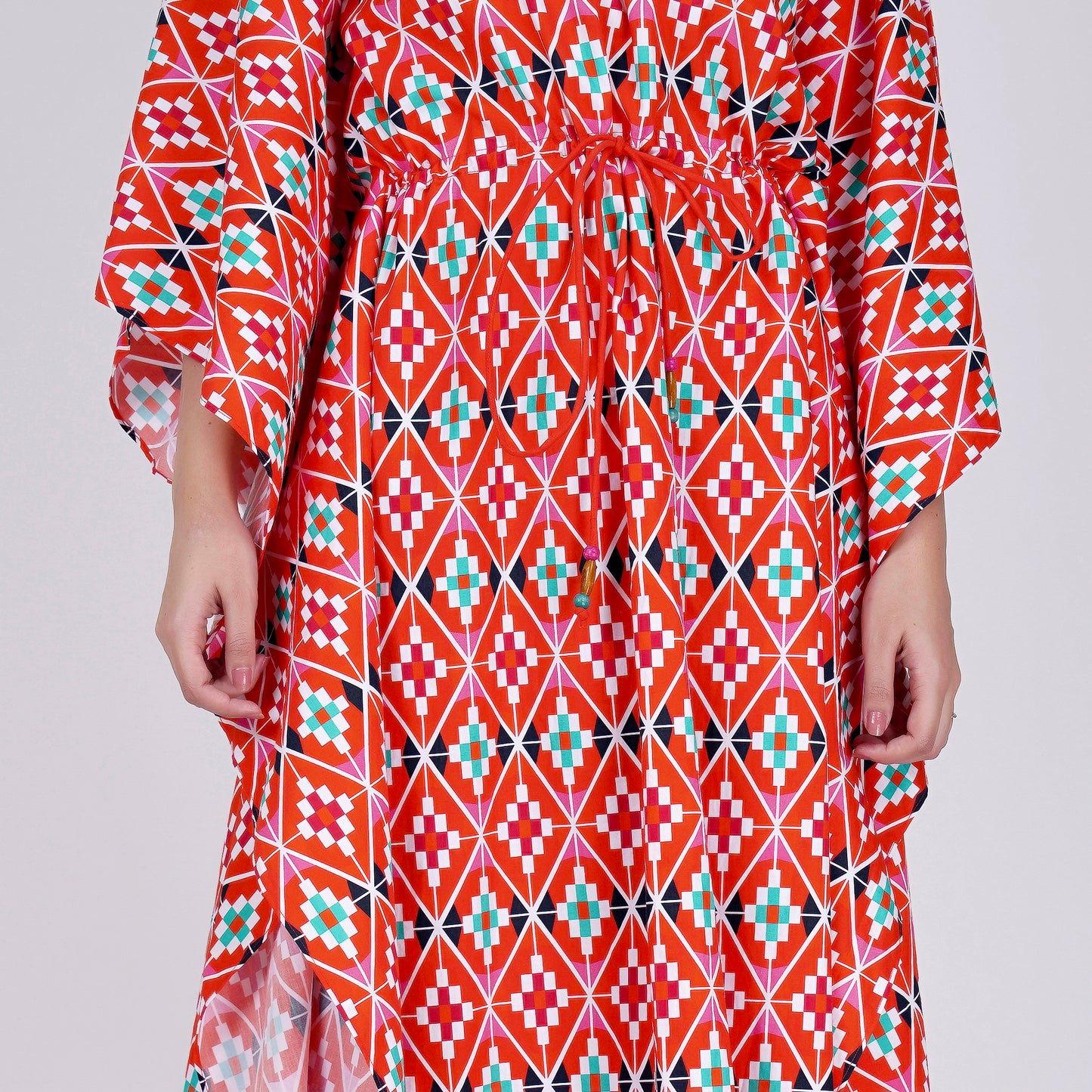 Bright Red Moroccan Print Mid Length Kaftan