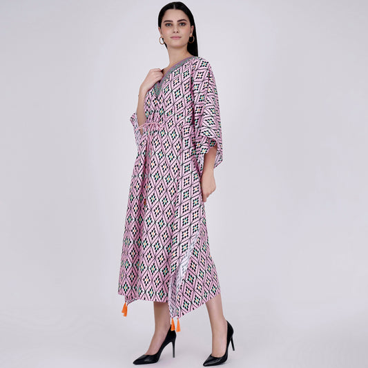 Candy Pink Moroccan Print Mid Length Kaftan