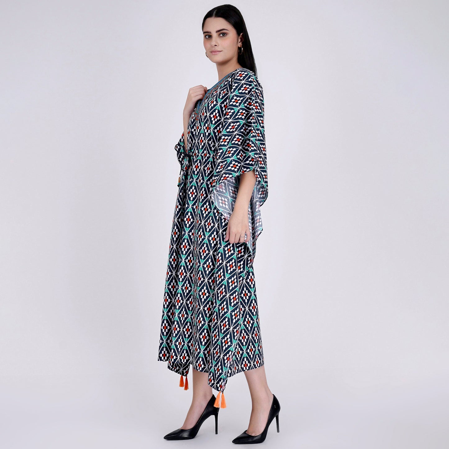 Charcoal Moroccan Print Mid Length Kaftan