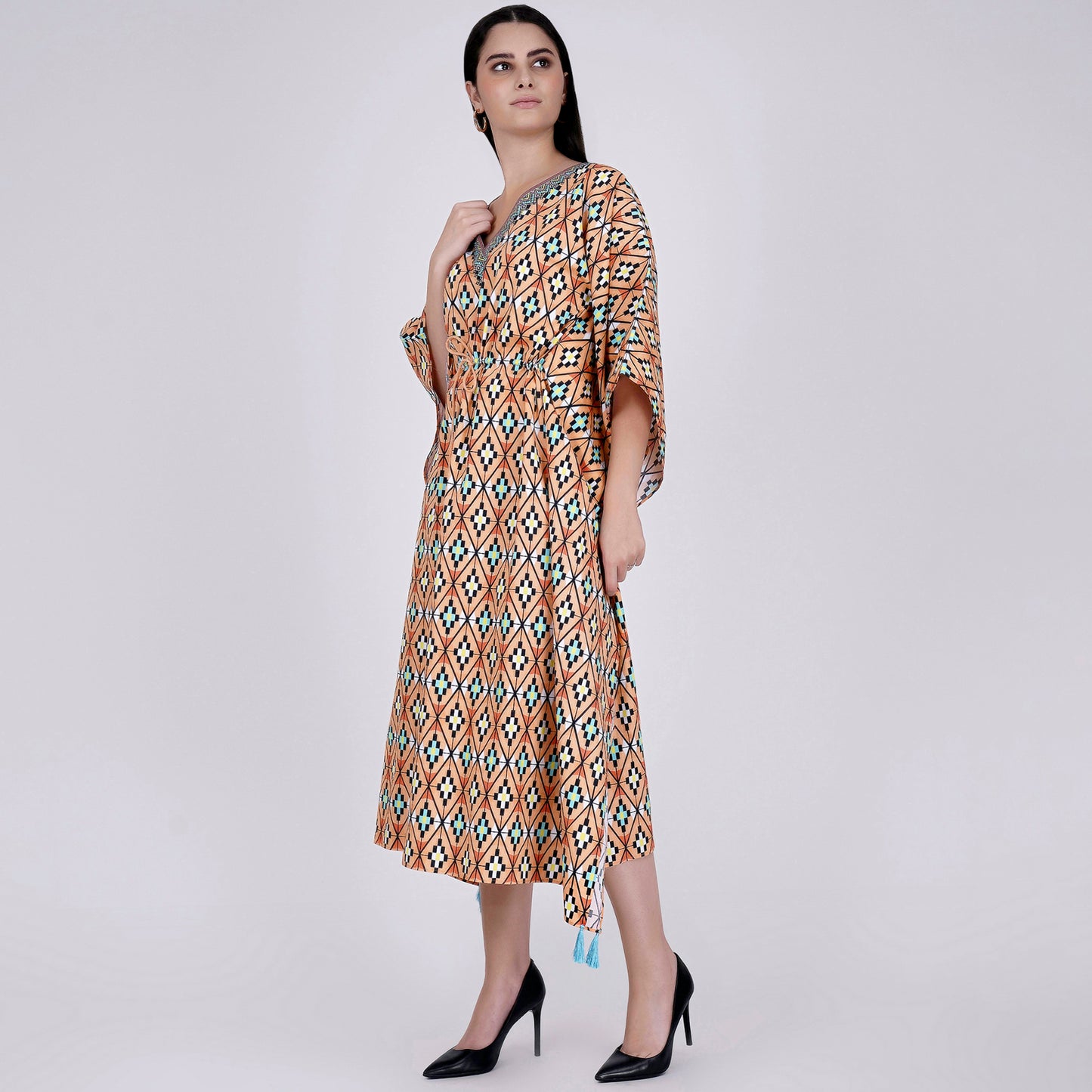 Melon Orange Moroccan Print Mid Length Kaftan