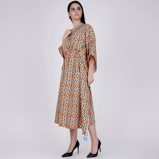 Melon Orange Moroccan Print Mid Length Kaftan