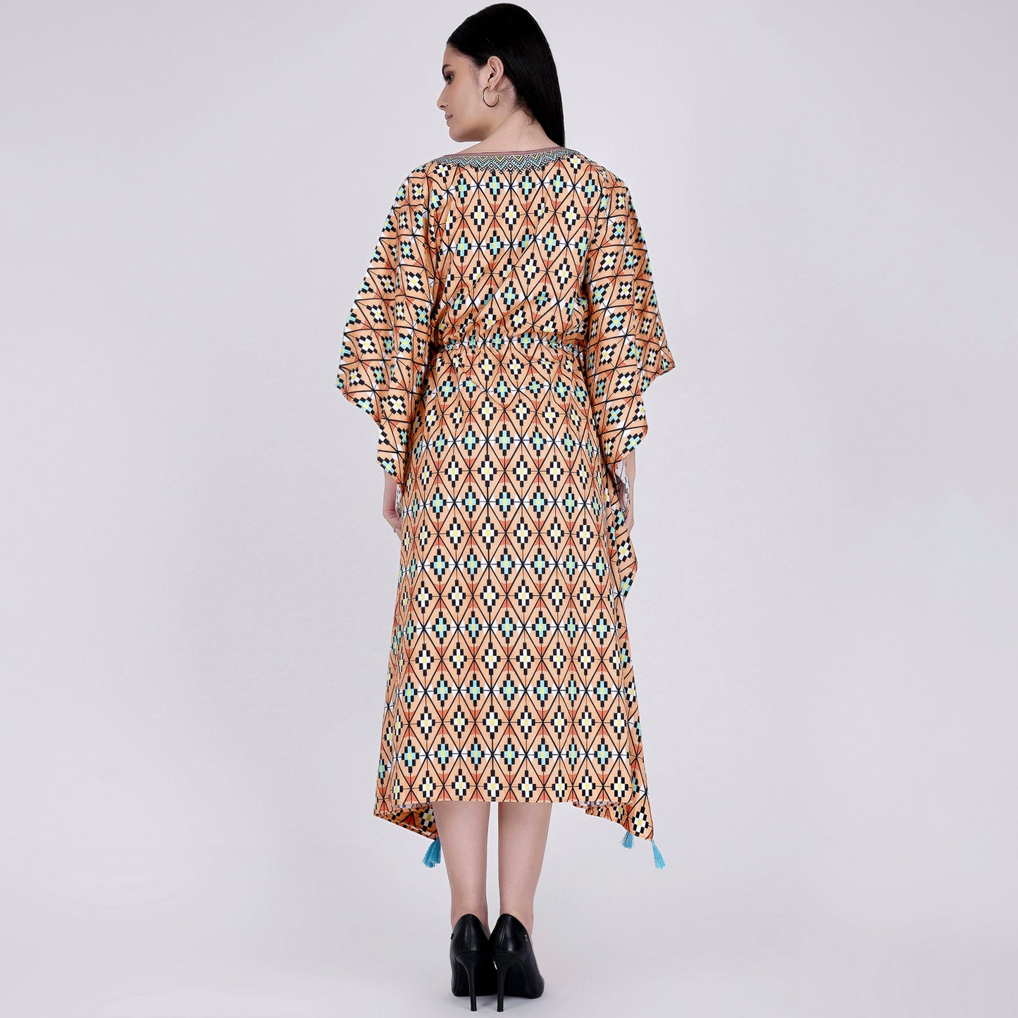 Melon Orange Moroccan Print Mid Length Kaftan