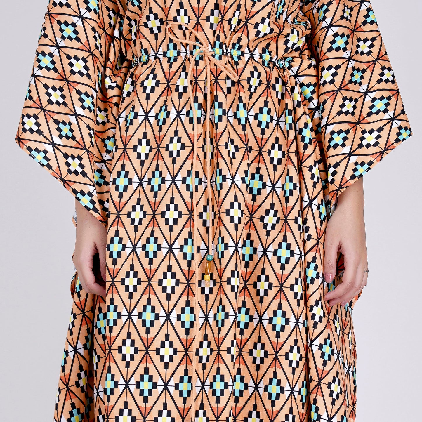 Melon Orange Moroccan Print Mid Length Kaftan