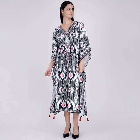 Black Ikat Print Mid Length Kaftan