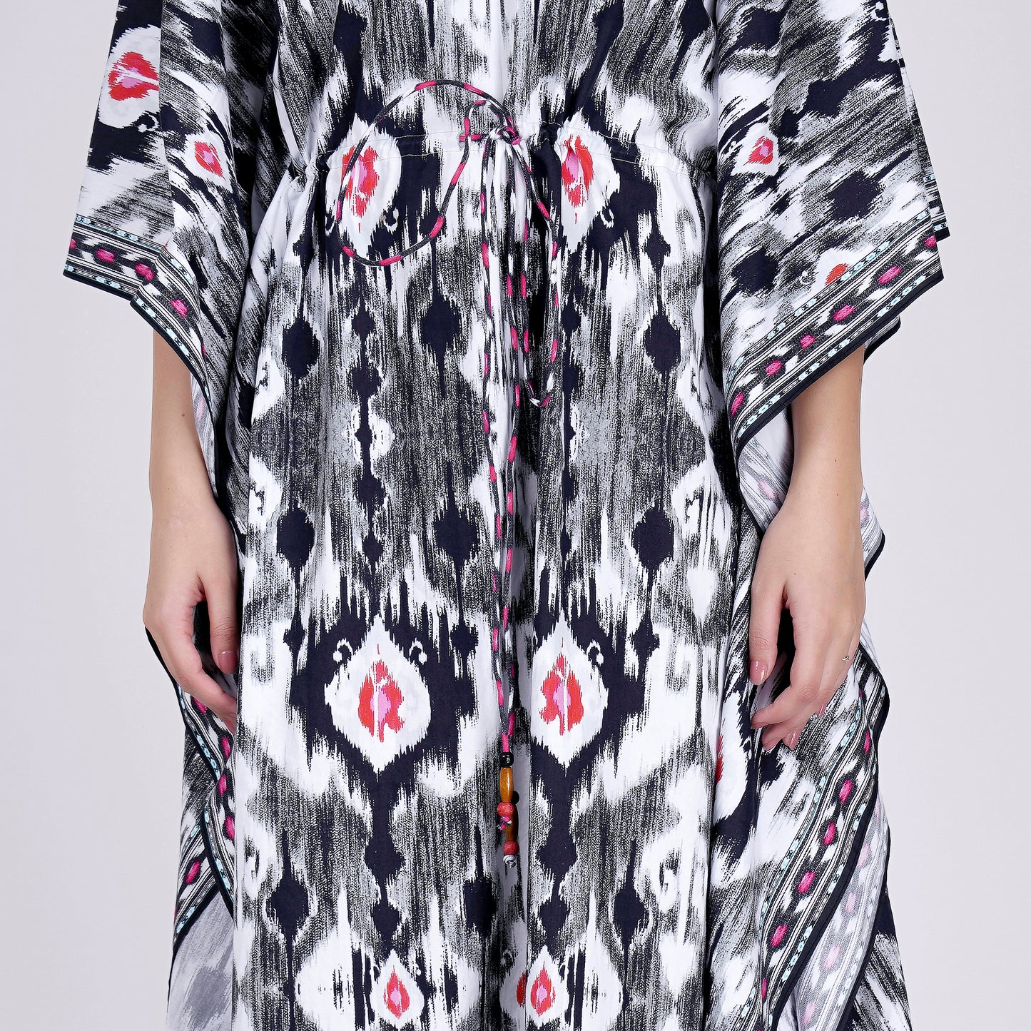 Black Ikat Print Mid Length Kaftan