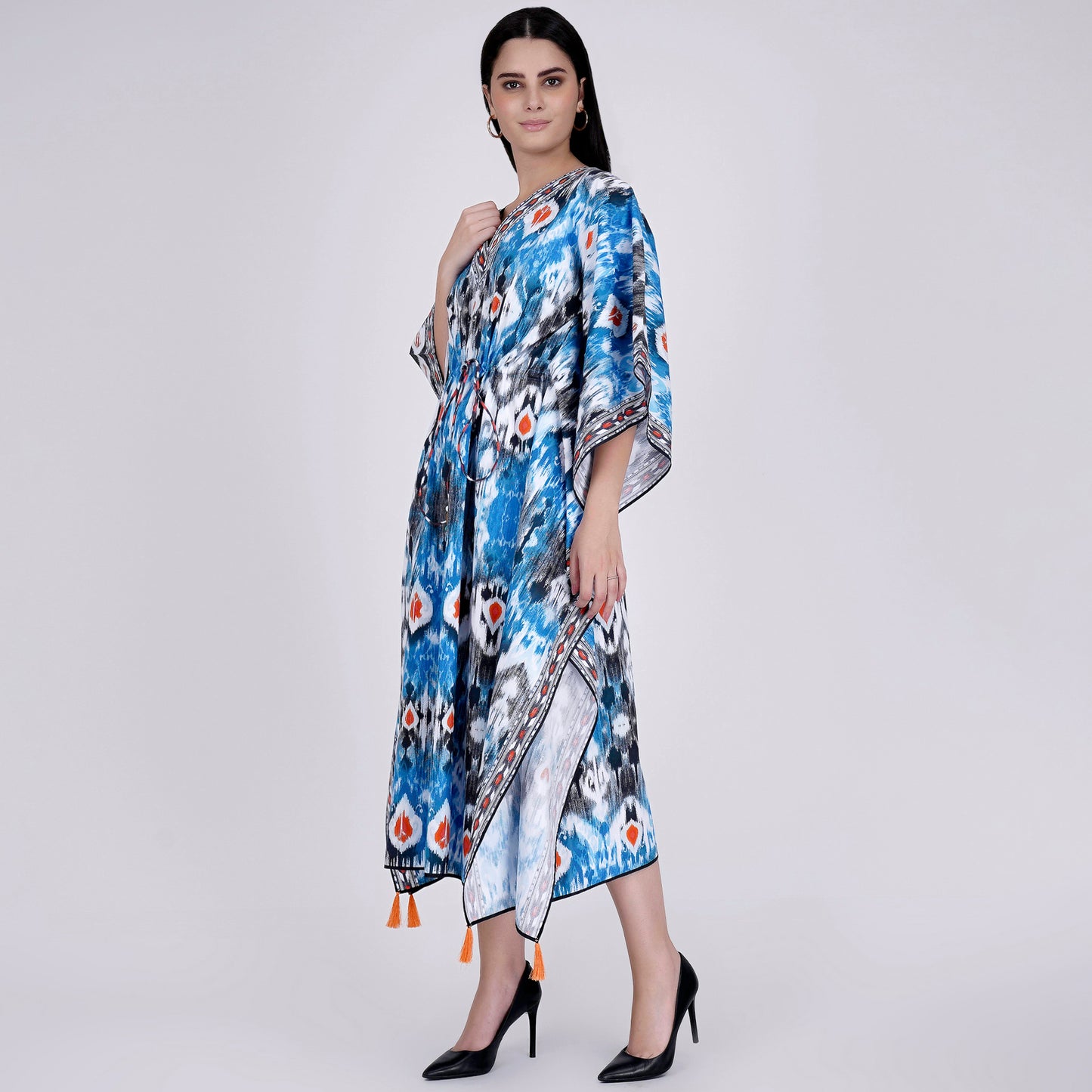 Blue Ikat Print Mid Length Kaftan