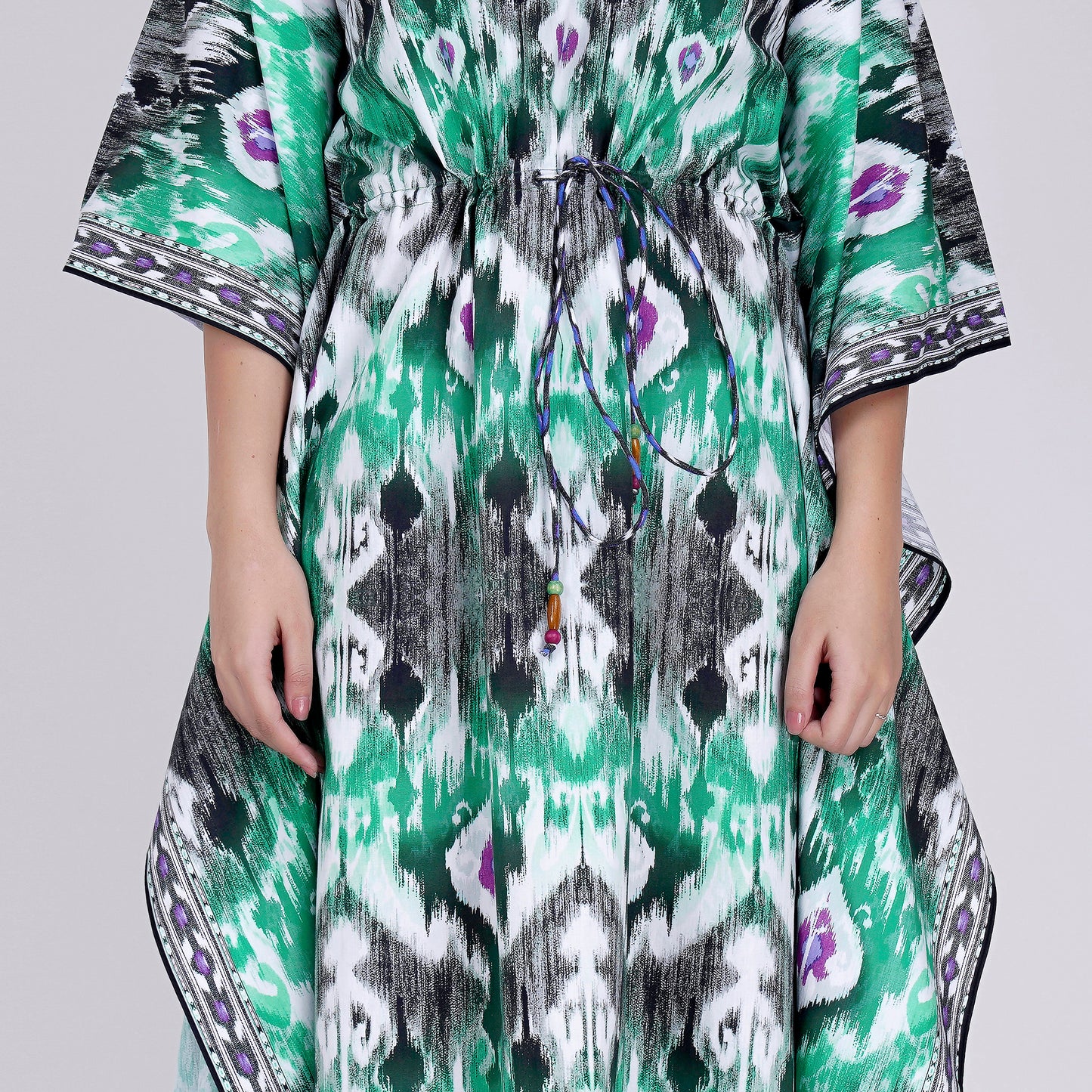 Green Ikat Print Mid Length Kaftan
