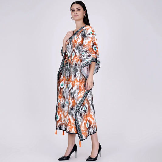 Orange Ikat Print Mid Length Kaftan