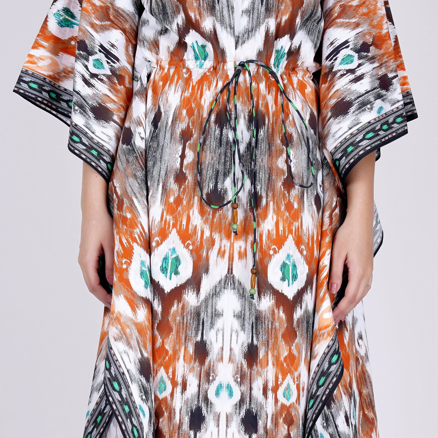 Orange Ikat Print Mid Length Kaftan