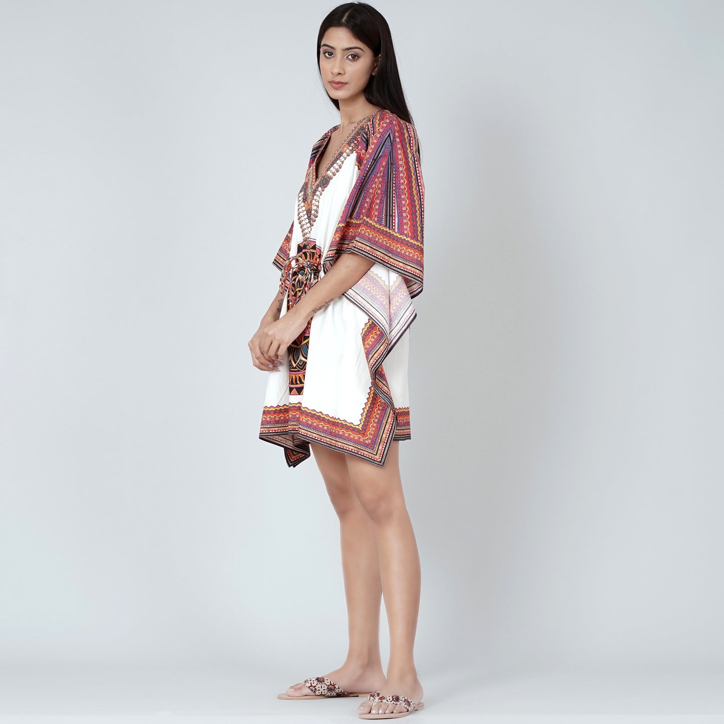 White and Red Tribal Kaftan Top