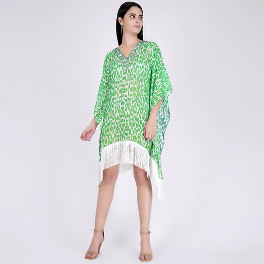 Green Embellished Animal Print Kaftan Top