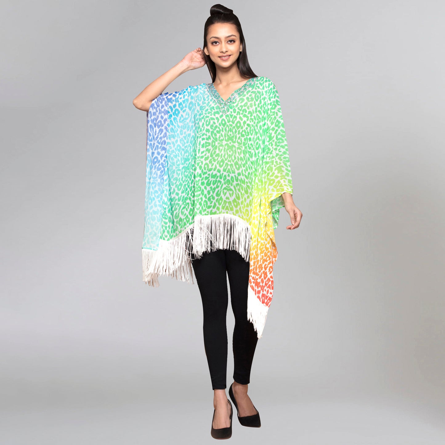 Multicoloured Embellished Animal Print Kaftan Top