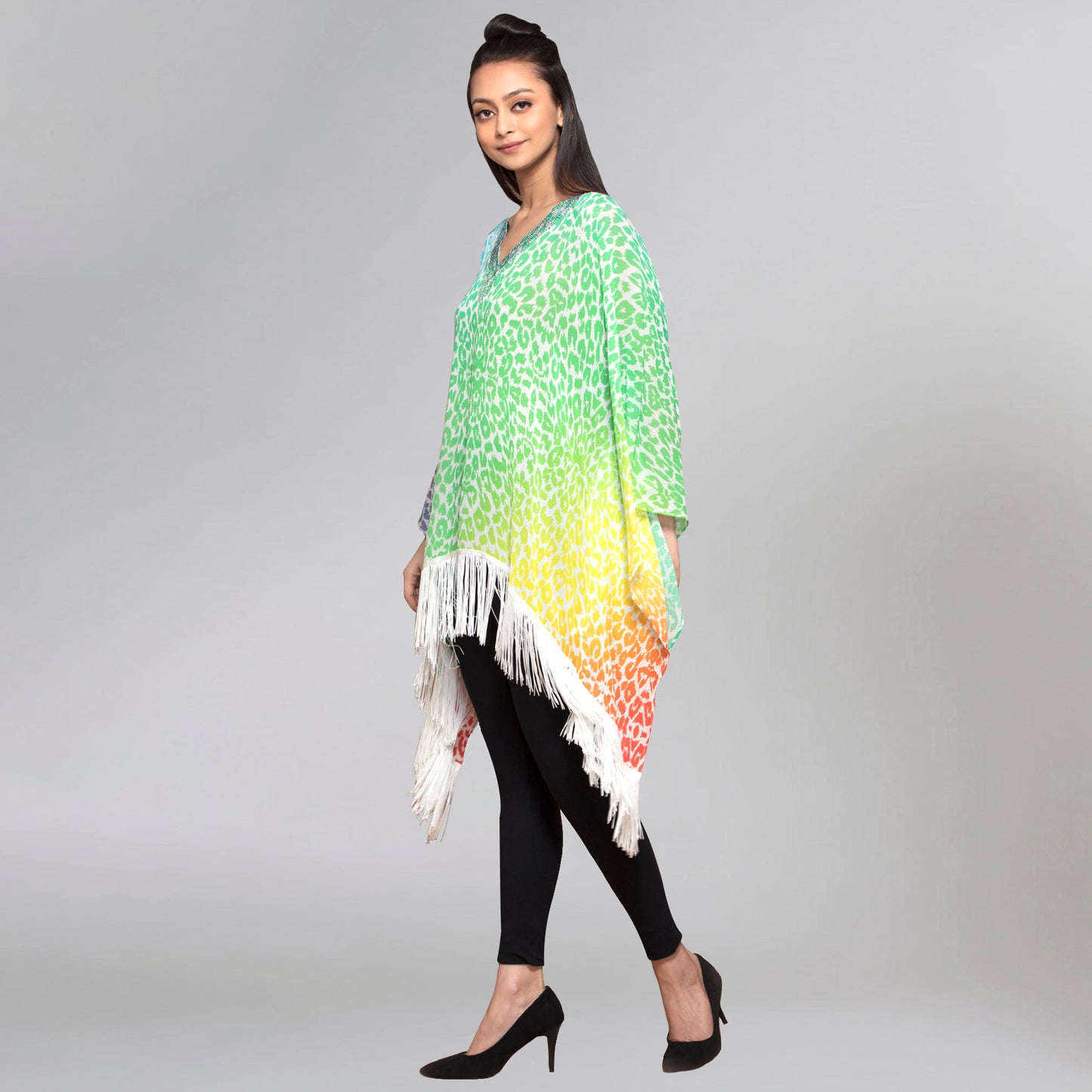 Multicoloured Embellished Animal Print Kaftan Top