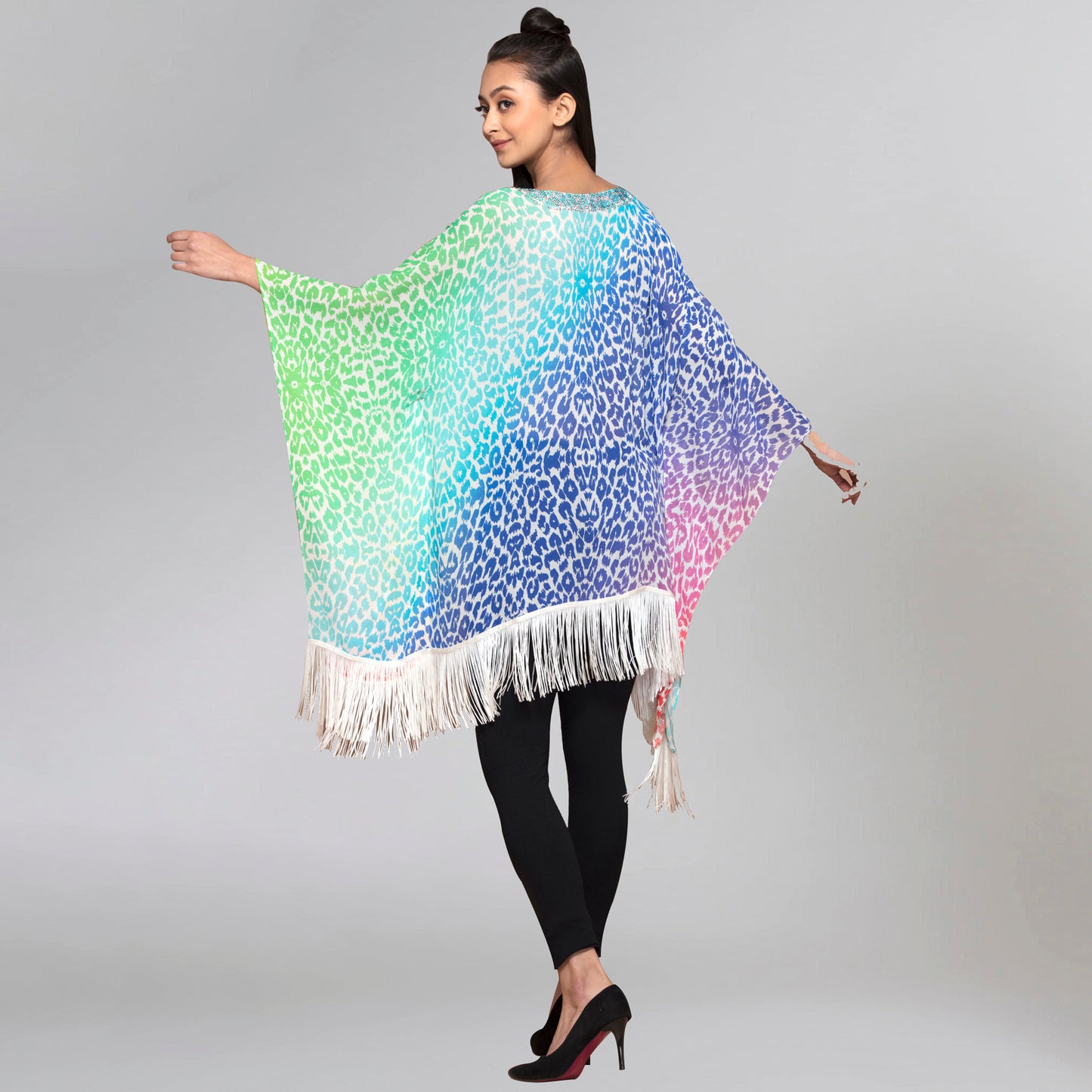 Multicoloured Embellished Animal Print Kaftan Top