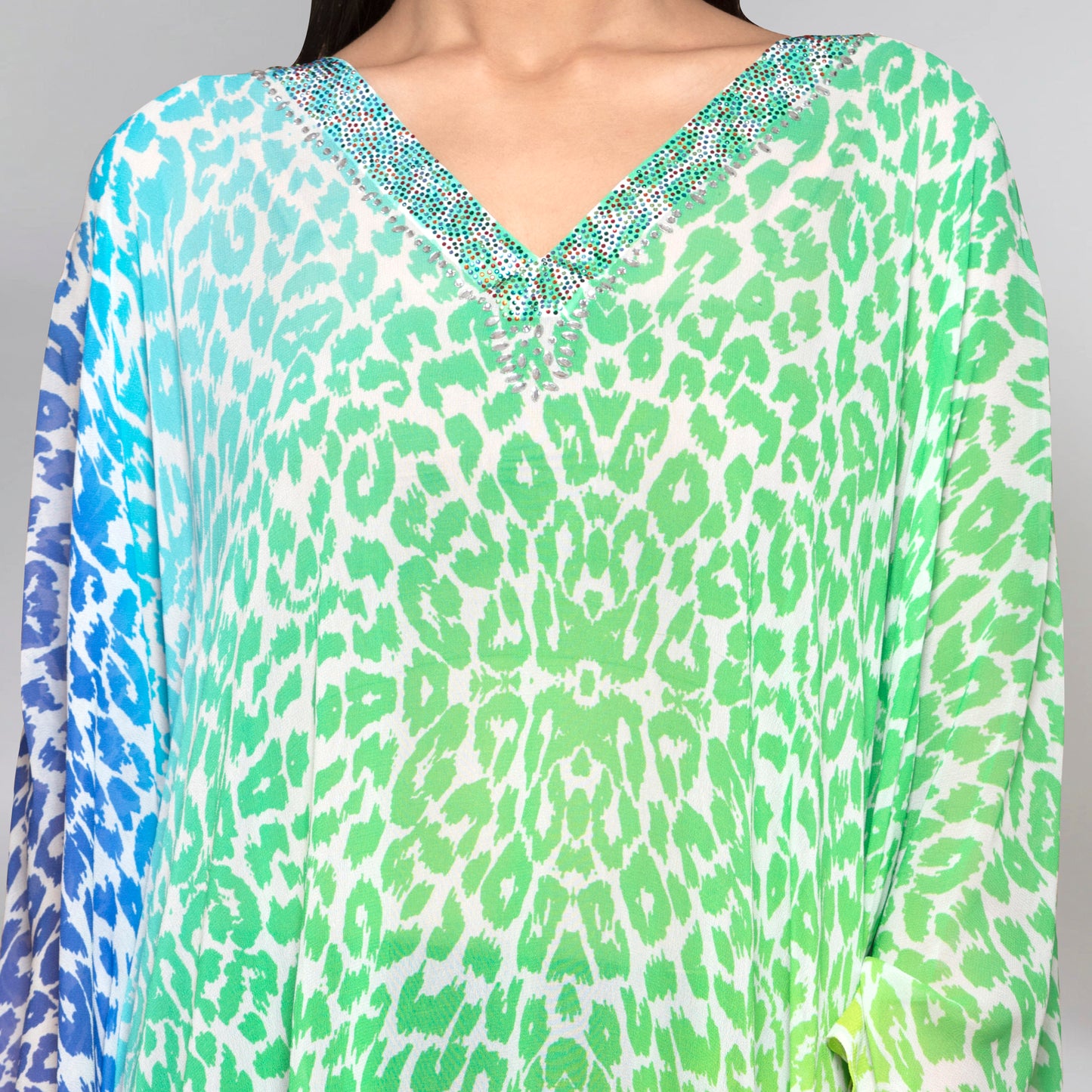 Multicoloured Embellished Animal Print Kaftan Top