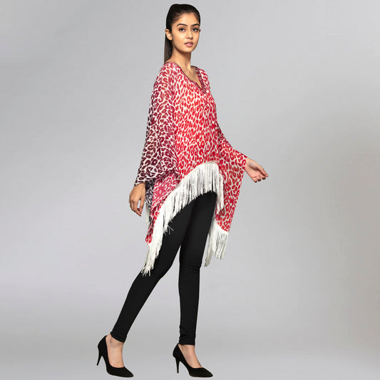 Red Embellished Animal Print Kaftan Top