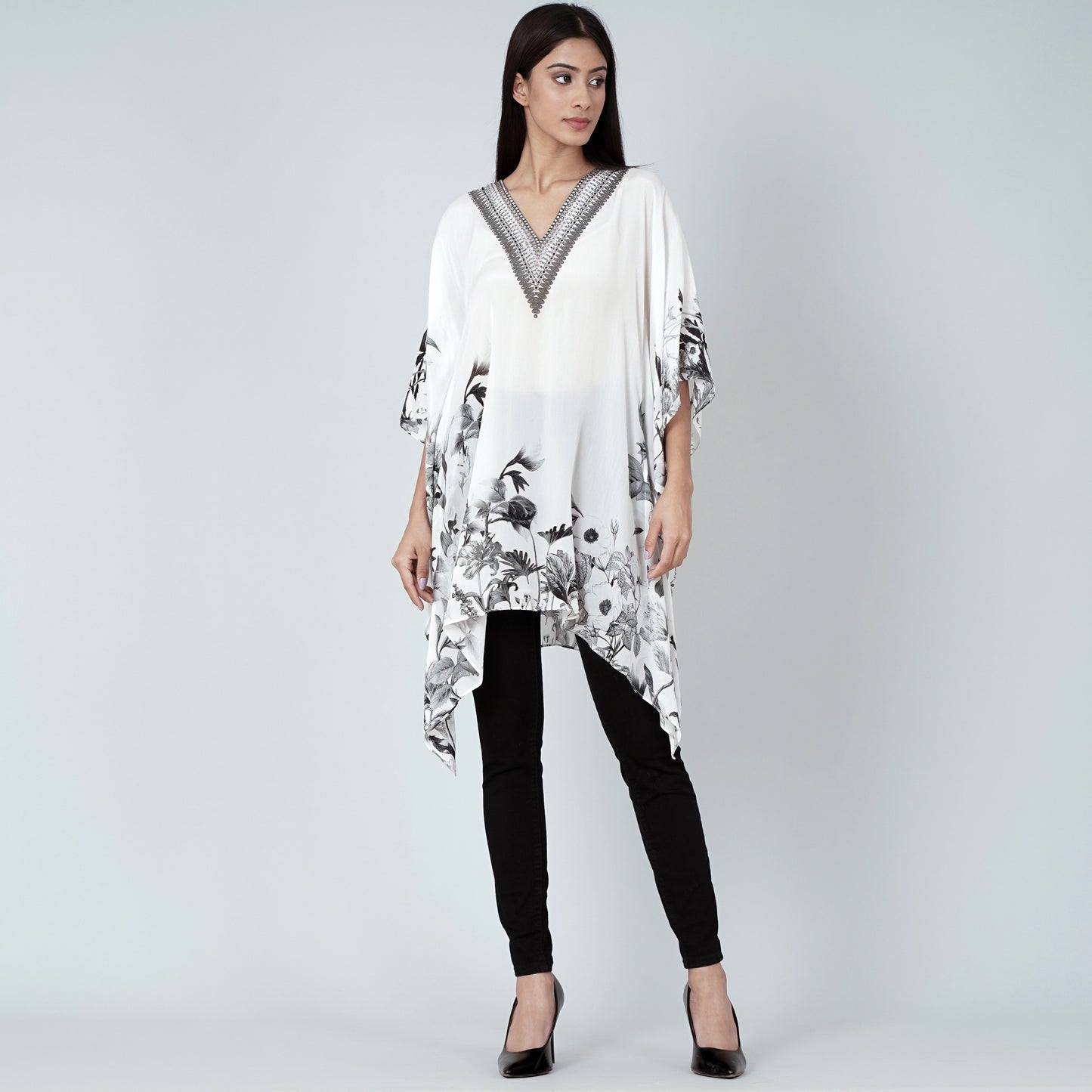White Embellished Floral Kaftan Top