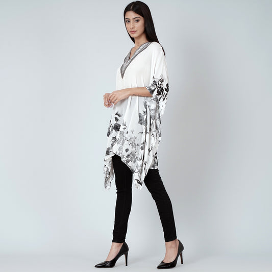 White Embellished Floral Kaftan Top