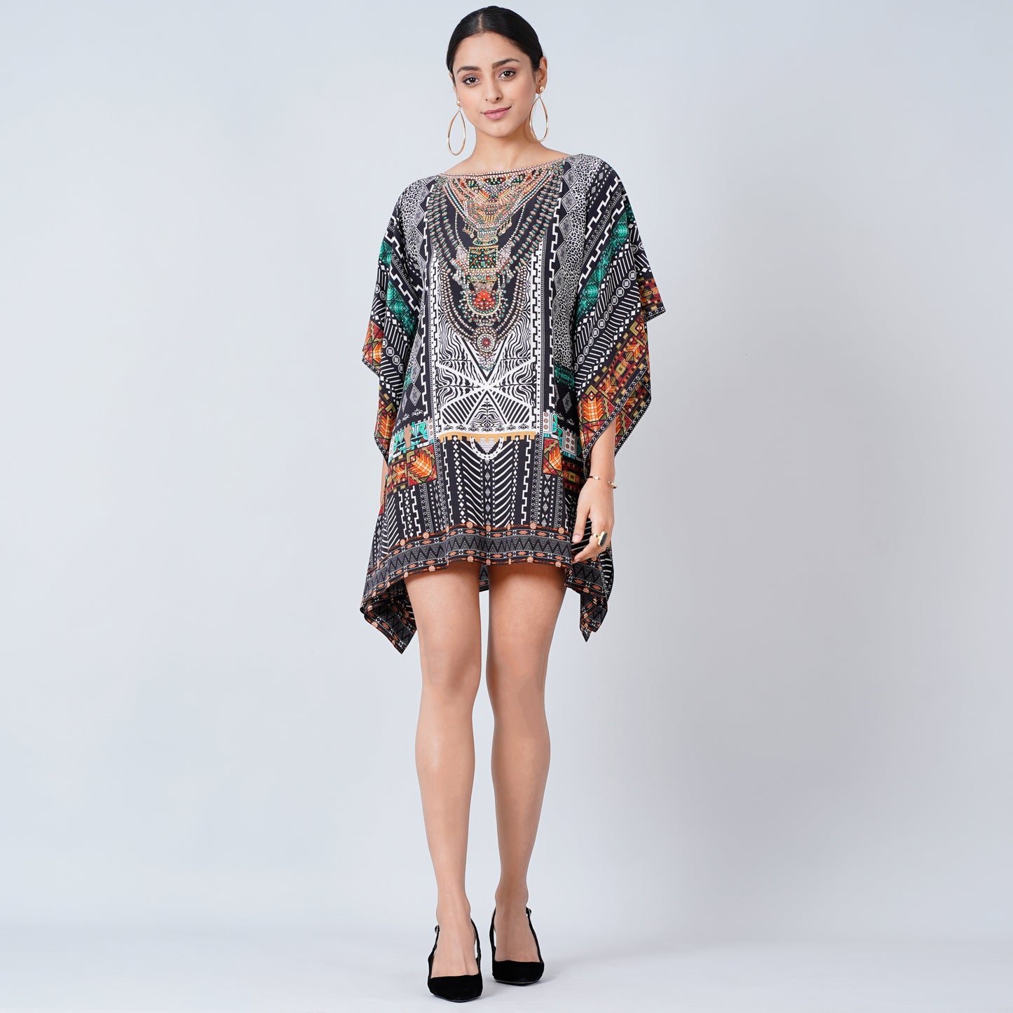 Black Geometric Print Embellished Kaftan Top