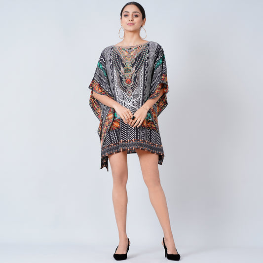 Black Geometric Print Embellished Kaftan Top