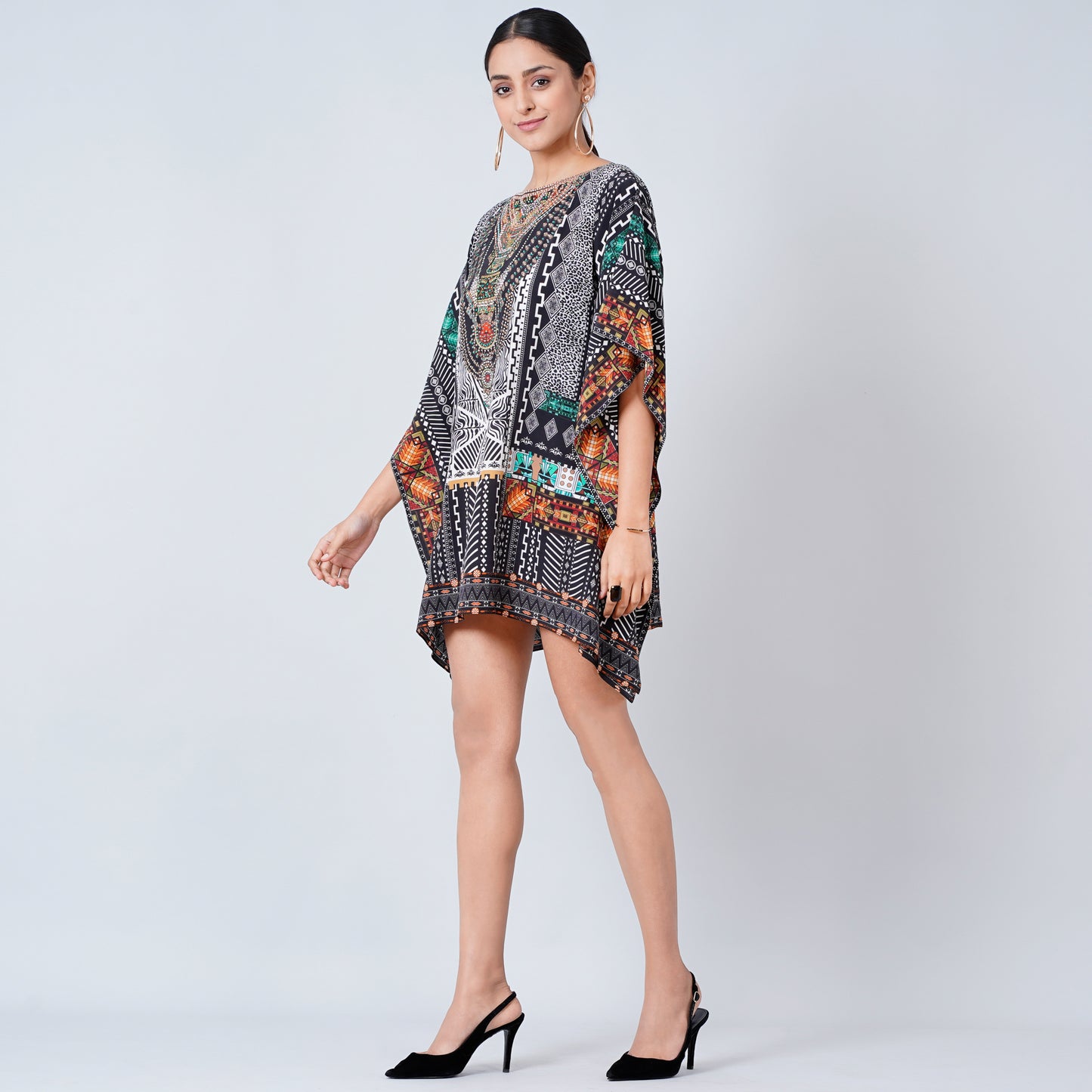Black Geometric Print Embellished Kaftan Top