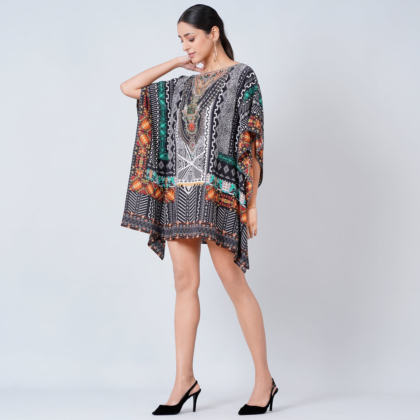 Black Geometric Print Embellished Kaftan Top