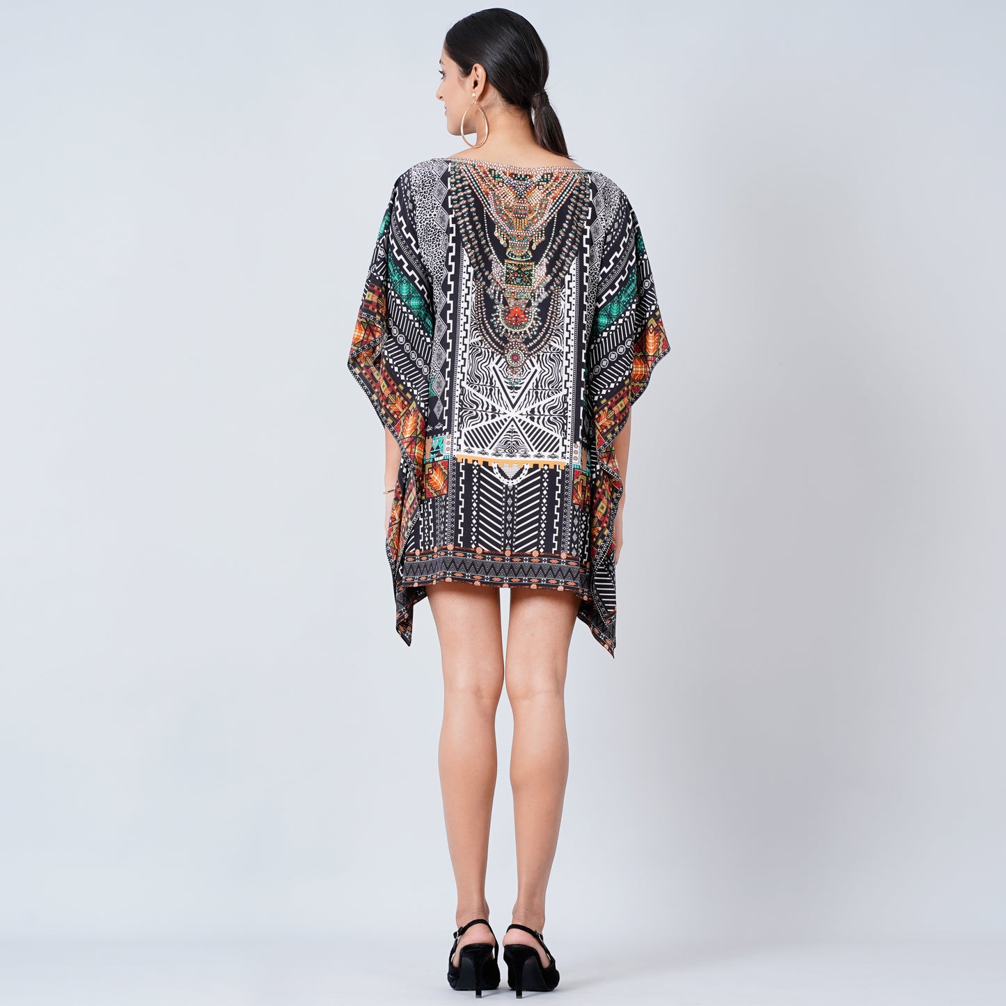 Black Geometric Print Embellished Kaftan Top