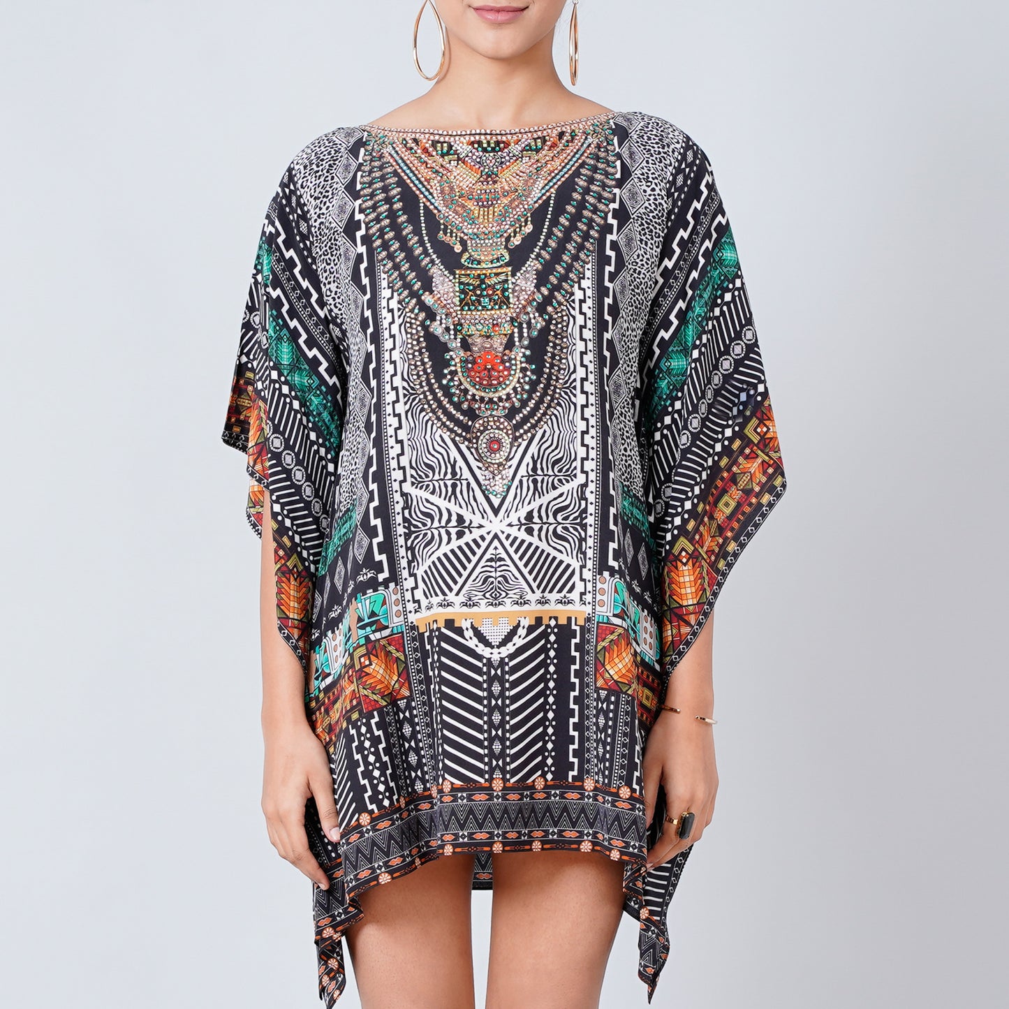 Black Geometric Print Embellished Kaftan Top