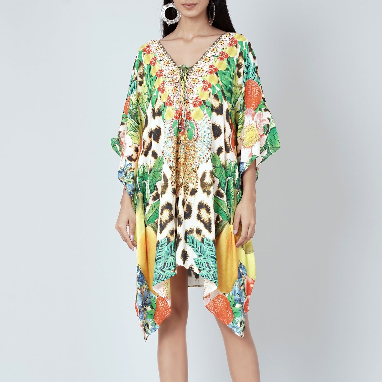 Multicoloured Animal and Fruit Print Kaftan Tunic
