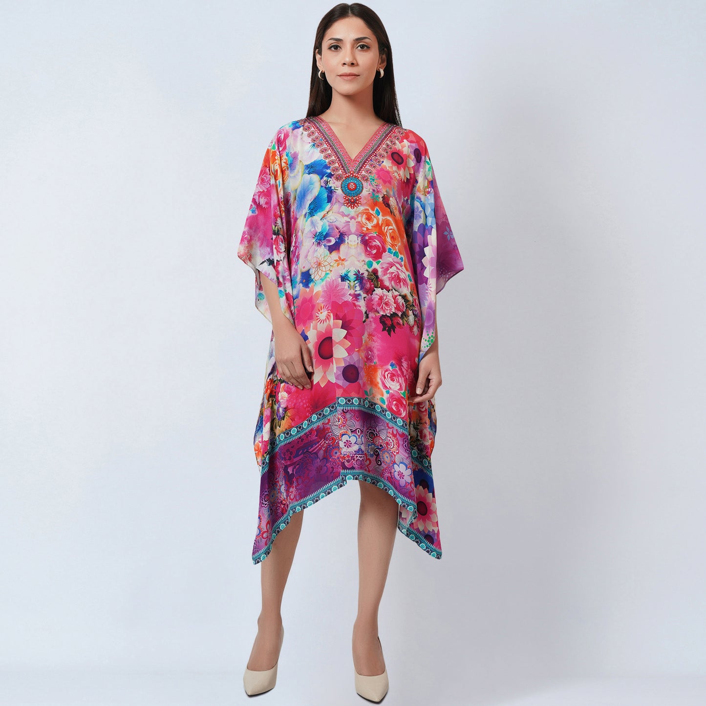 Multicoloured Botanical Print Silk Kaftan Tunic