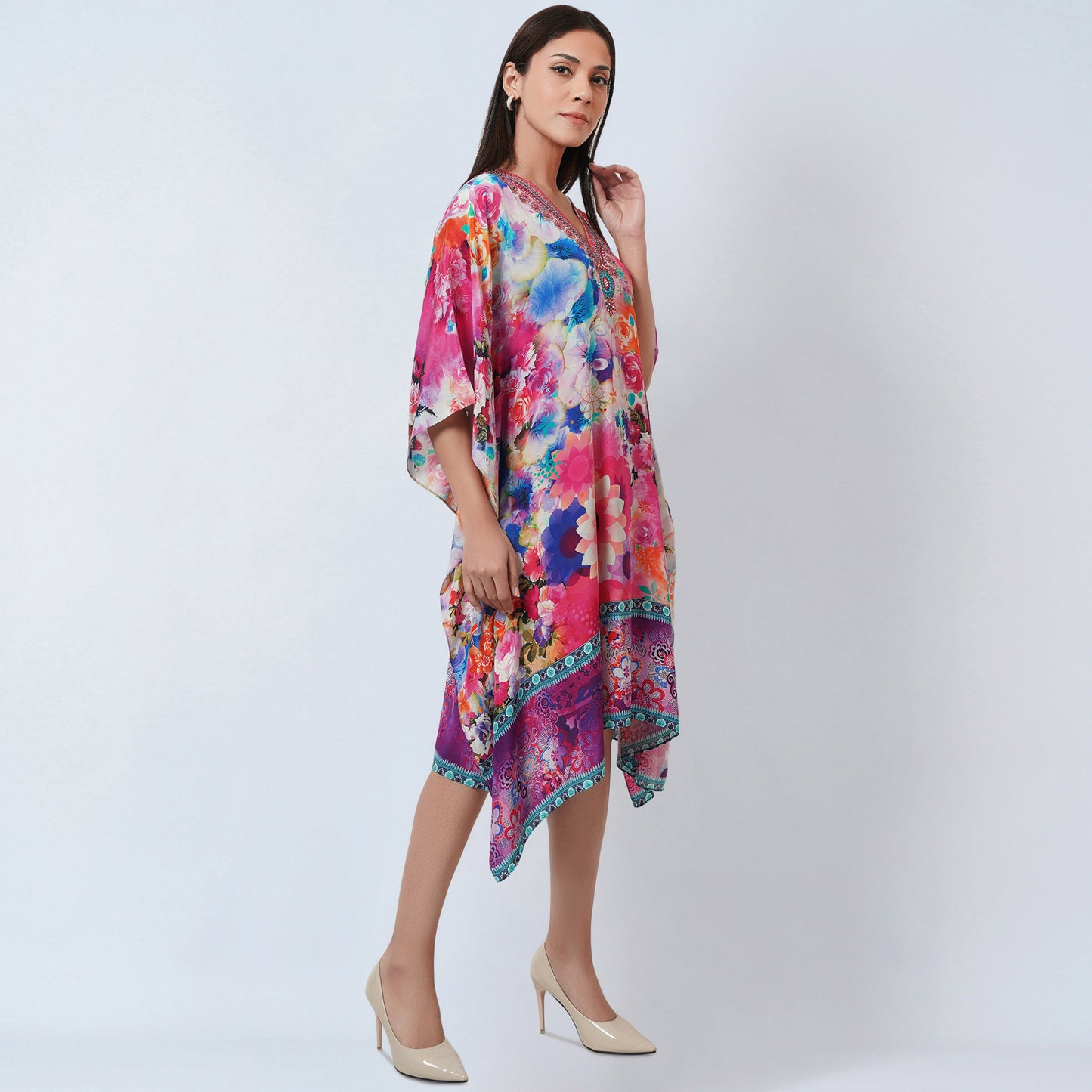 Multicoloured Botanical Print Silk Kaftan Tunic