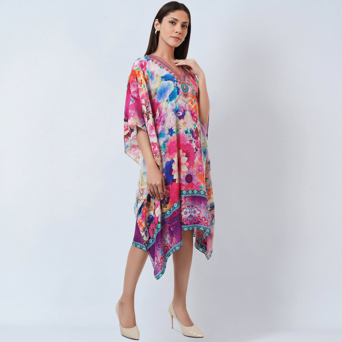 Multicoloured Botanical Print Silk Kaftan Tunic