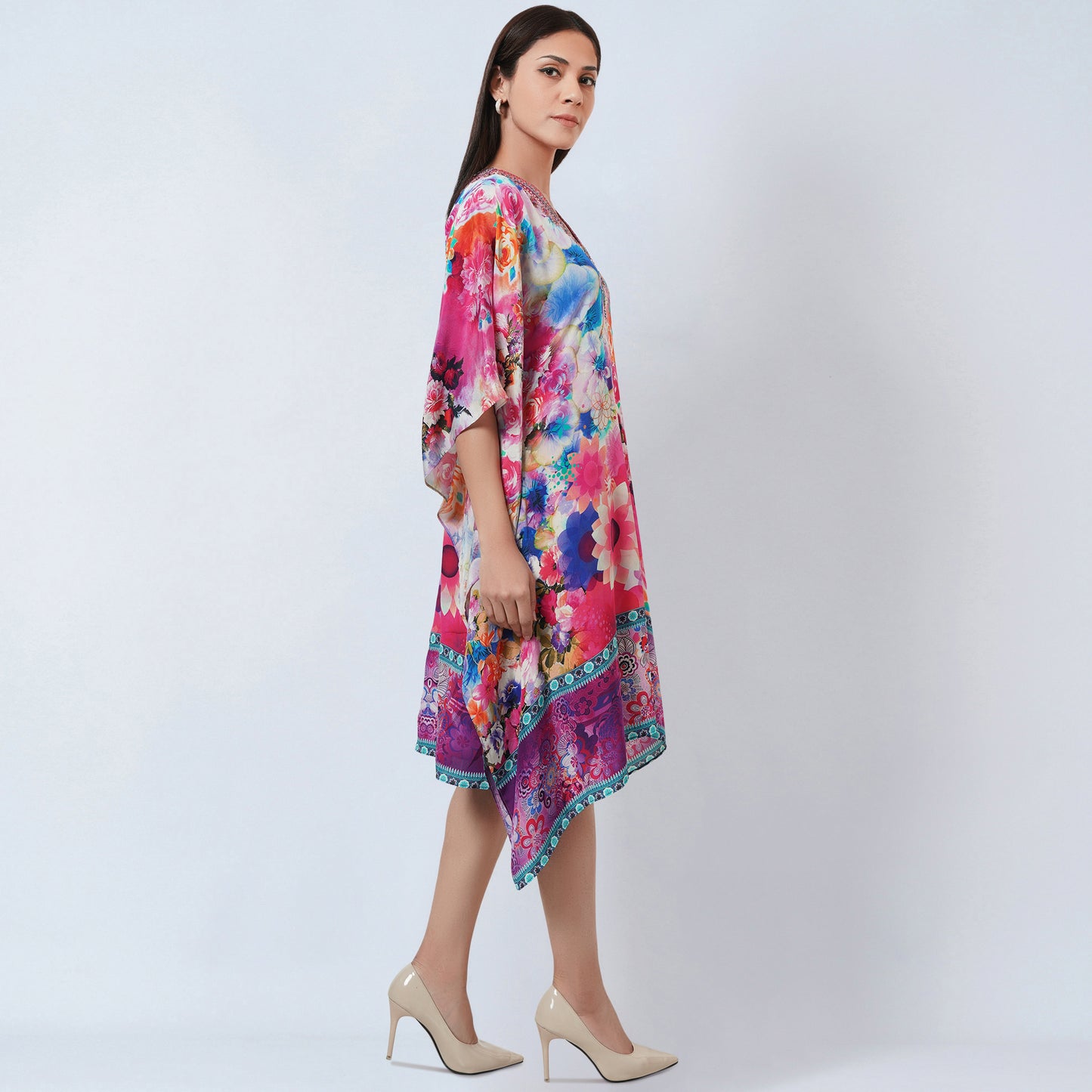 Multicoloured Botanical Print Silk Kaftan Tunic