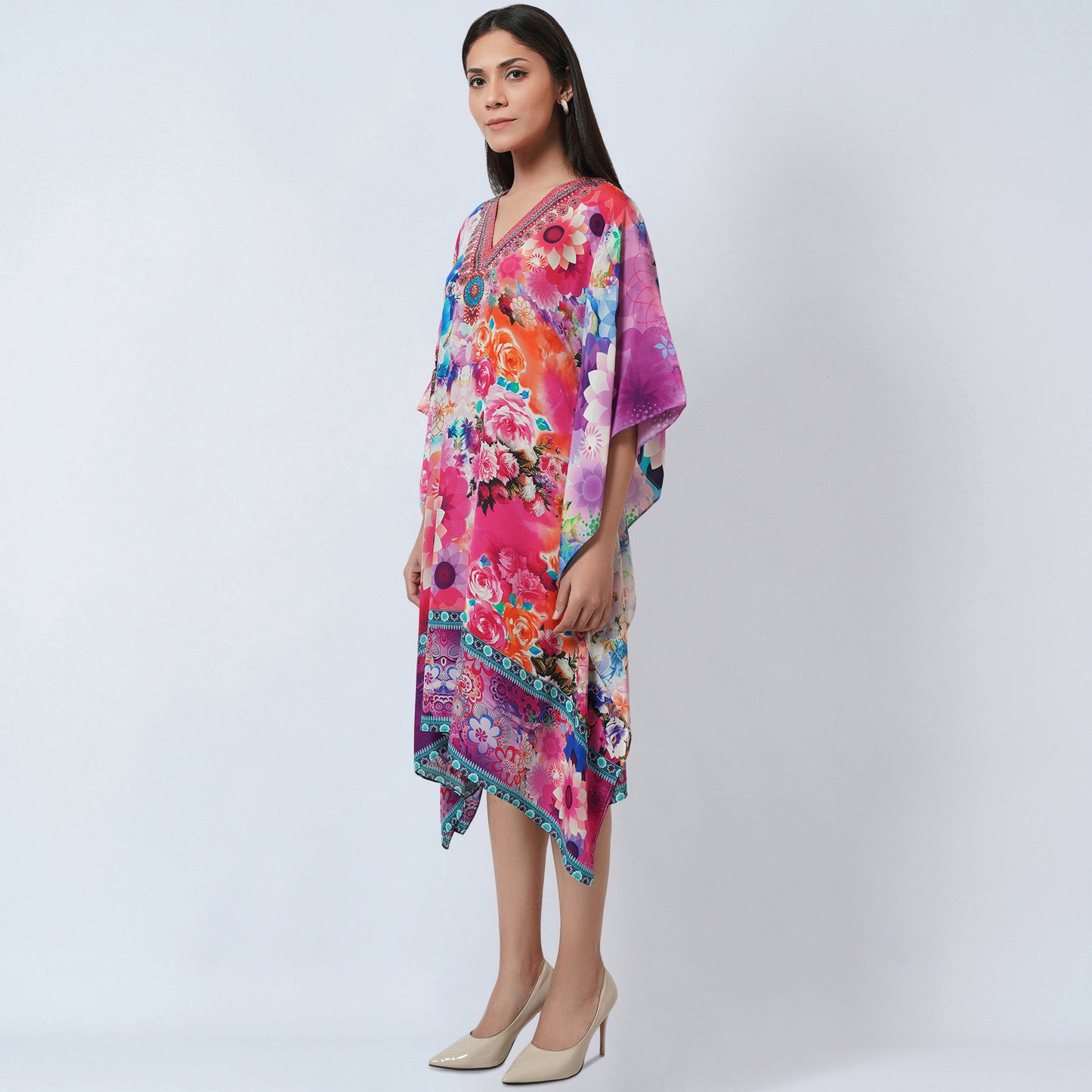 Multicoloured Botanical Print Silk Kaftan Tunic