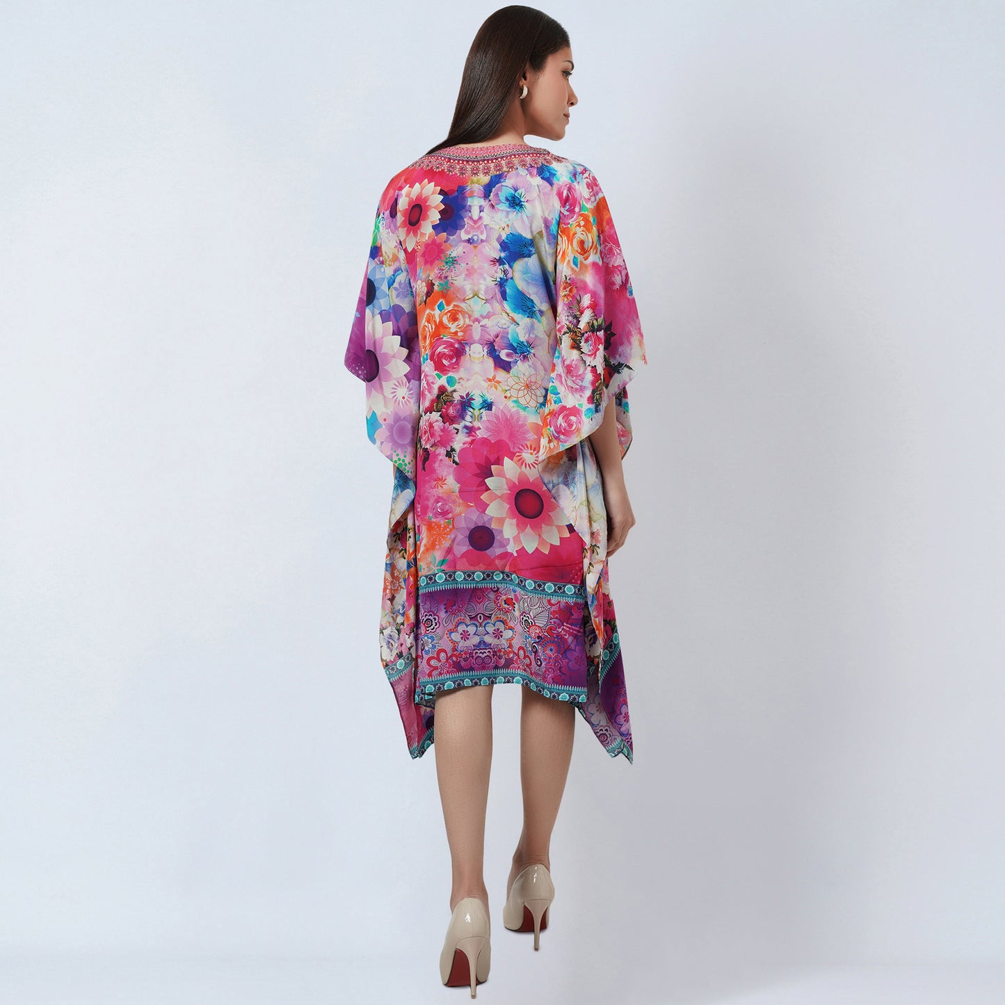 Multicoloured Botanical Print Silk Kaftan Tunic