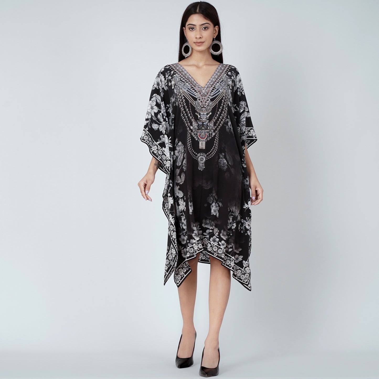 Black and White Floral Print Silk Kaftan Tunic