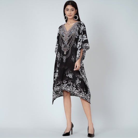Black and White Floral Print Silk Kaftan Tunic