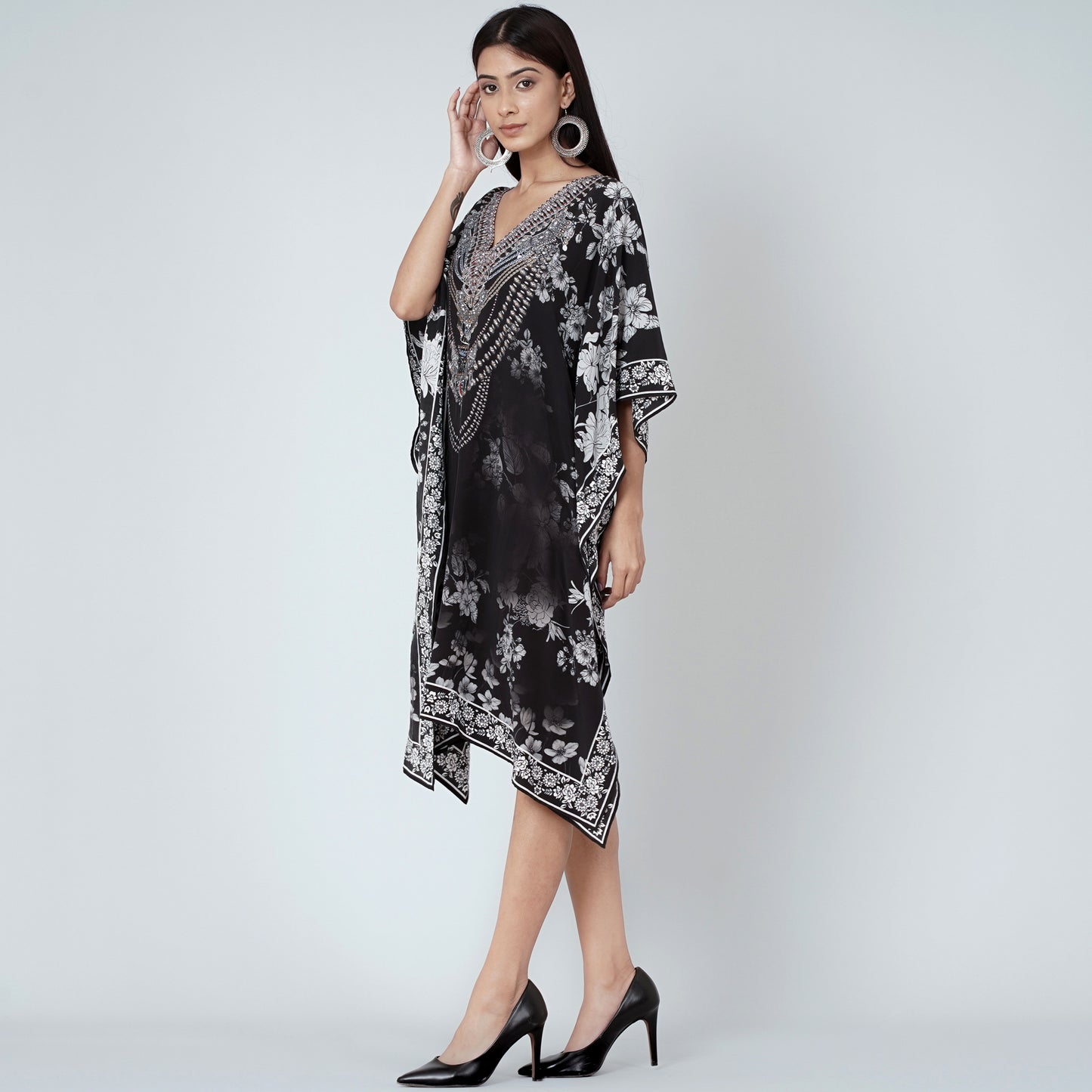 Black and White Floral Print Silk Kaftan Tunic