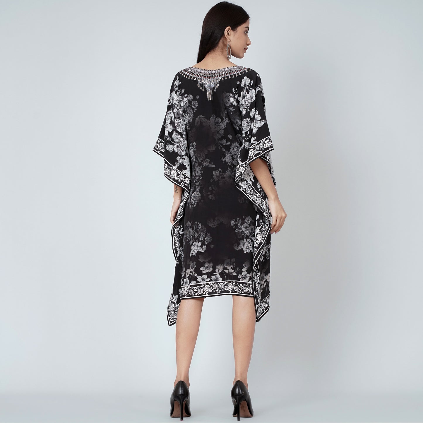 Black and White Floral Print Silk Kaftan Tunic