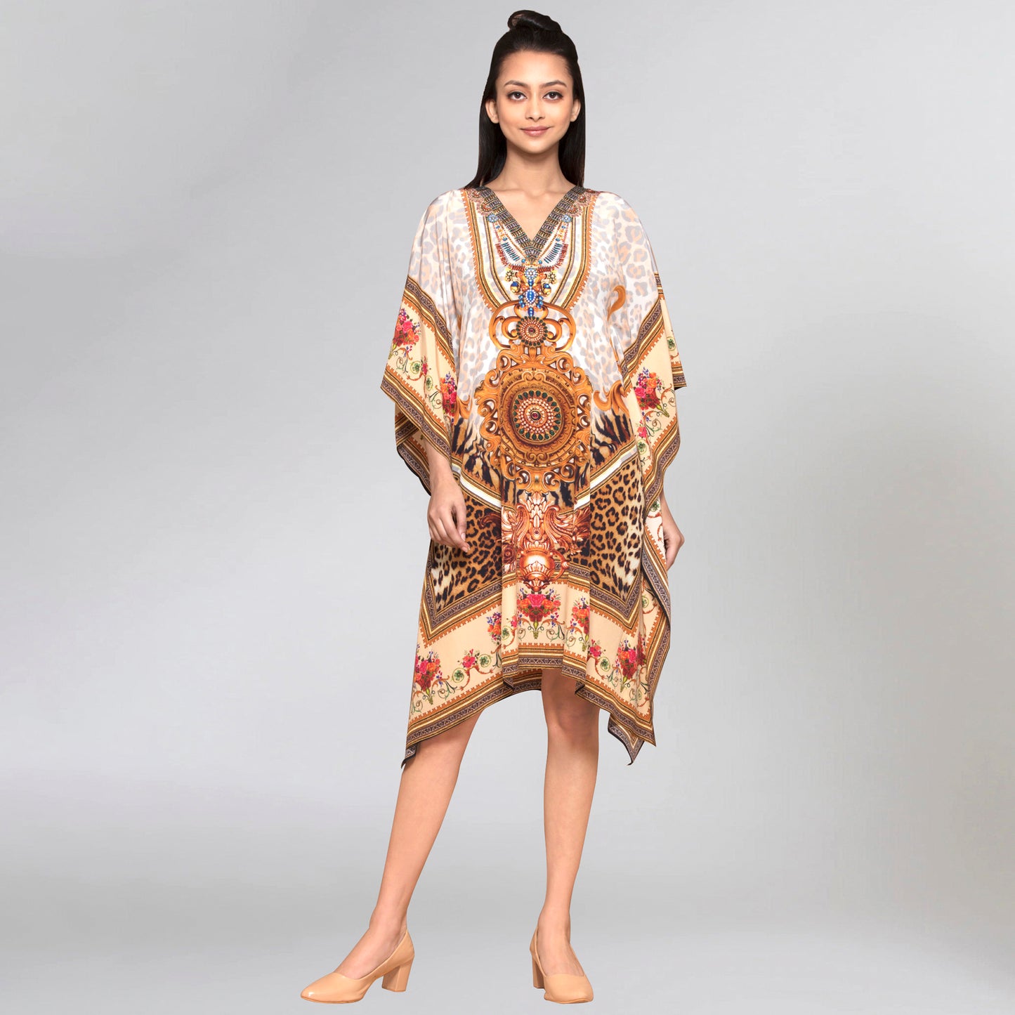 Beige and Brown Silk Kaftan Tunic